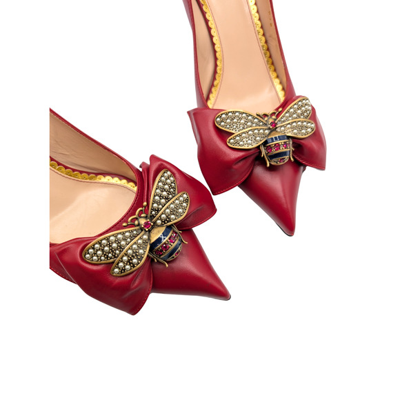 Gucci Red Leather Pearl Bee Bow Pumps Size 40 - Picture 5 of 10